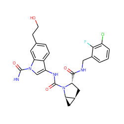 [NH]C(=O)n1cc(NC(=O)N2[C@H](C(=O)NCc3cccc(Cl)c3F)C[C@H]3C[C@H]32)c2ccc(CCO)cc21 ZINC000473164852