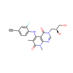 C#Cc1ccc(Nc2c(C)c(=O)n(C)c3ncn(C[C@H](O)CO)c(=O)c23)c(F)c1 ZINC000096167572