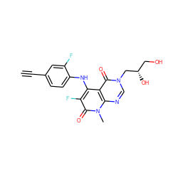 C#Cc1ccc(Nc2c(F)c(=O)n(C)c3ncn(C[C@@H](O)CO)c(=O)c23)c(F)c1 ZINC000043196551