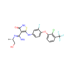 C[C@@H](CO)/N=C(\N)c1c(Nc2ccc(Oc3cccc(C(F)(F)F)c3Cl)c(F)c2)s[nH]c1=O ZINC000034802680