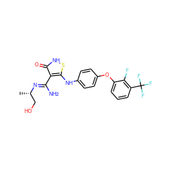 C[C@@H](CO)/N=C(\N)c1c(Nc2ccc(Oc3cccc(C(F)(F)F)c3F)cc2)s[nH]c1=O ZINC000034802696