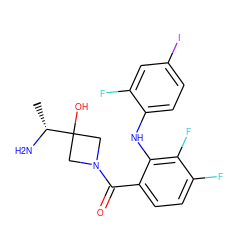 C[C@@H](N)C1(O)CN(C(=O)c2ccc(F)c(F)c2Nc2ccc(I)cc2F)C1 ZINC000060325248