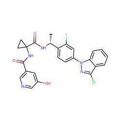 C[C@@H](NC(=O)C1(NC(=O)c2cncc(O)c2)CC1)c1ccc(-n2nc(Cl)c3ccccc32)cc1F ZINC000072110849