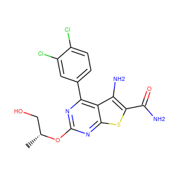 C[C@H](CO)Oc1nc(-c2ccc(Cl)c(Cl)c2)c2c(N)c(C(N)=O)sc2n1 ZINC000073220289