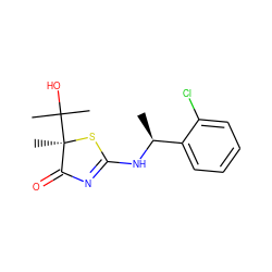 C[C@H](NC1=NC(=O)[C@@](C)(C(C)(C)O)S1)c1ccccc1Cl ZINC000040848953