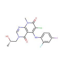 C[C@H](O)Cn1cnc2c(c(Nc3ccc(I)cc3F)c(Cl)c(=O)n2C)c1=O ZINC000096167568