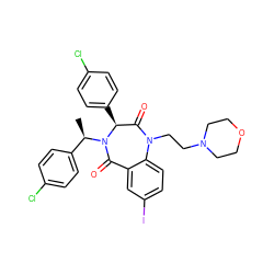 C[C@H](c1ccc(Cl)cc1)N1C(=O)c2cc(I)ccc2N(CCN2CCOCC2)C(=O)[C@@H]1c1ccc(Cl)cc1 ZINC000038377661