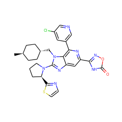 C[C@H]1CC[C@H](Cn2c(N3CCC[C@@H]3c3nccs3)nc3cc(-c4noc(=O)[nH]4)nc(-c4cncc(Cl)c4)c32)CC1 ZINC000261161861