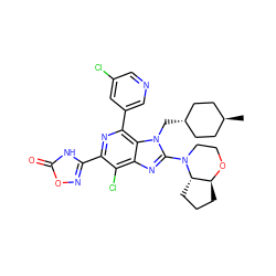 C[C@H]1CC[C@H](Cn2c(N3CCO[C@H]4CCC[C@@H]43)nc3c(Cl)c(-c4noc(=O)[nH]4)nc(-c4cncc(Cl)c4)c32)CC1 ZINC001772616827