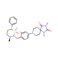 C[C@H]1CC[C@H](c2ccccc2)S(=O)(=O)N1Cc1ccc(N2CCC3(CC2)C(=O)N(C)C(=O)N3C)cc1F ZINC000473153472