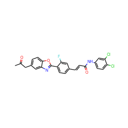 CC(=O)Cc1ccc2oc(-c3ccc(/C=C/C(=O)Nc4ccc(Cl)c(Cl)c4)cc3F)nc2c1 ZINC000095602429