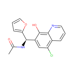CC(=O)N[C@@H](c1ccco1)c1cc(Cl)c2cccnc2c1O ZINC000000087256