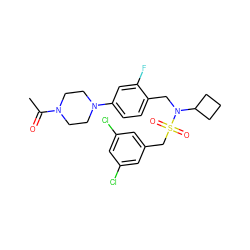 CC(=O)N1CCN(c2ccc(CN(C3CCC3)S(=O)(=O)Cc3cc(Cl)cc(Cl)c3)c(F)c2)CC1 ZINC000147286839