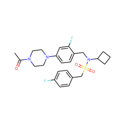 CC(=O)N1CCN(c2ccc(CN(C3CCC3)S(=O)(=O)Cc3ccc(F)cc3)c(F)c2)CC1 ZINC000224299245