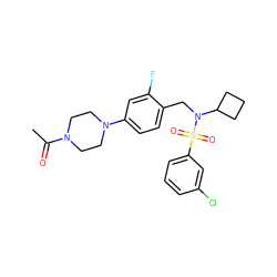 CC(=O)N1CCN(c2ccc(CN(C3CCC3)S(=O)(=O)c3cccc(Cl)c3)c(F)c2)CC1 ZINC000147229655
