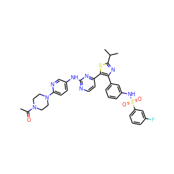 CC(=O)N1CCN(c2ccc(Nc3nccc(-c4sc(C(C)C)nc4-c4cccc(NS(=O)(=O)c5cccc(F)c5)c4)n3)cn2)CC1 ZINC000072176228