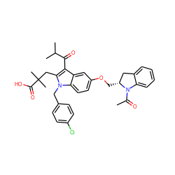 CC(=O)N1c2ccccc2C[C@H]1COc1ccc2c(c1)c(C(=O)C(C)C)c(CC(C)(C)C(=O)O)n2Cc1ccc(Cl)cc1 ZINC000049771784