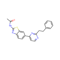 CC(=O)Nc1nc2ccc(-c3ccnc(CCc4ccccc4)n3)cc2s1 ZINC000071318278