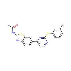 CC(=O)Nc1nc2ccc(-c3ccnc(Sc4cccc(C)c4)n3)cc2s1 ZINC000071330112