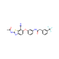 CC(=O)Nc1nc2ccc(Oc3cccc(NC(=O)Cc4cccc(C(F)(F)F)c4)c3)c(C#N)c2s1 ZINC000114657578