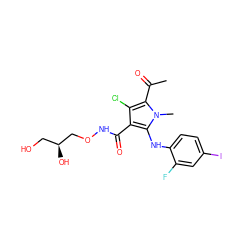 CC(=O)c1c(Cl)c(C(=O)NOC[C@@H](O)CO)c(Nc2ccc(I)cc2F)n1C ZINC000053230291