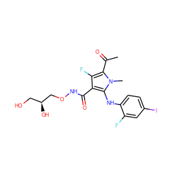 CC(=O)c1c(F)c(C(=O)NOC[C@@H](O)CO)c(Nc2ccc(I)cc2F)n1C ZINC000053294404