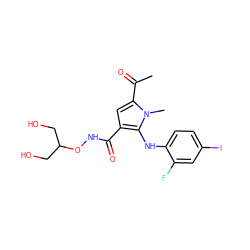 CC(=O)c1cc(C(=O)NOC(CO)CO)c(Nc2ccc(I)cc2F)n1C ZINC000053294187
