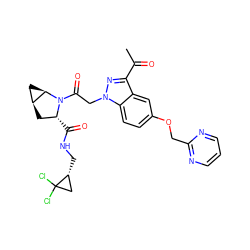 CC(=O)c1nn(CC(=O)N2[C@H](C(=O)NC[C@@H]3CC3(Cl)Cl)C[C@H]3C[C@H]32)c2ccc(OCc3ncccn3)cc12 ZINC000210827552