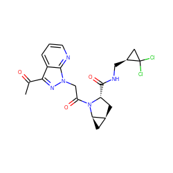 CC(=O)c1nn(CC(=O)N2[C@H](C(=O)NC[C@H]3CC3(Cl)Cl)C[C@H]3C[C@H]32)c2ncccc12 ZINC000210817933