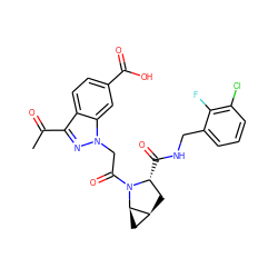 CC(=O)c1nn(CC(=O)N2[C@H](C(=O)NCc3cccc(Cl)c3F)C[C@H]3C[C@H]32)c2cc(C(=O)O)ccc12 ZINC000143870355