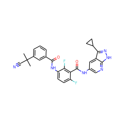 CC(C)(C#N)c1cccc(C(=O)Nc2ccc(F)c(C(=O)Nc3cnc4[nH]nc(C5CC5)c4c3)c2F)c1 ZINC000095574136