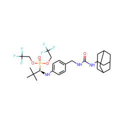 CC(C)(C)[C@H](Nc1ccc(CNC(=O)NC23CC4CC(CC(C4)C2)C3)cc1)P(=O)(OCC(F)(F)F)OCC(F)(F)F ZINC000473148578