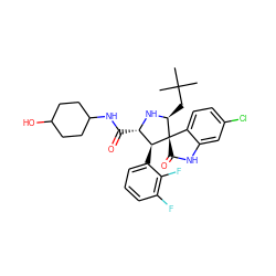 CC(C)(C)C[C@@H]1N[C@@H](C(=O)NC2CCC(O)CC2)[C@H](c2cccc(F)c2F)[C@]12C(=O)Nc1cc(Cl)ccc12 ZINC000169701408