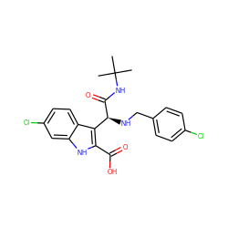 CC(C)(C)NC(=O)[C@@H](NCc1ccc(Cl)cc1)c1c(C(=O)O)[nH]c2cc(Cl)ccc12 ZINC000113880753