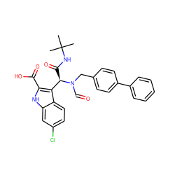 CC(C)(C)NC(=O)[C@H](c1c(C(=O)O)[nH]c2cc(Cl)ccc12)N(C=O)Cc1ccc(-c2ccccc2)cc1 ZINC000113883454