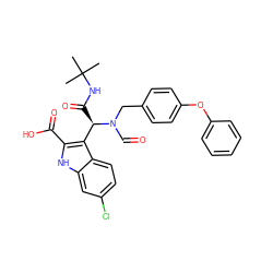 CC(C)(C)NC(=O)[C@H](c1c(C(=O)O)[nH]c2cc(Cl)ccc12)N(C=O)Cc1ccc(Oc2ccccc2)cc1 ZINC000113882482
