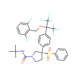 CC(C)(C)NC(=O)N1CC[C@@](c2ccc(C(OCc3c(F)cccc3F)(C(F)(F)F)C(F)(F)F)cc2)(S(=O)(=O)c2ccccc2)C1 ZINC001772584894