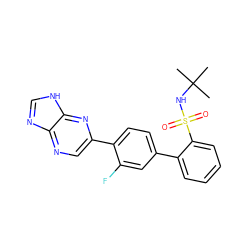 CC(C)(C)NS(=O)(=O)c1ccccc1-c1ccc(-c2cnc3nc[nH]c3n2)c(F)c1 ZINC000224789339