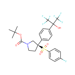 CC(C)(C)OC(=O)N1CC[C@](c2ccc(C(O)(C(F)(F)F)C(F)(F)F)cc2)(S(=O)(=O)c2ccc(F)cc2)C1 ZINC001772650149