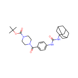 CC(C)(C)OC(=O)N1CCN(C(=O)c2ccc(NC(=O)NC34CC5CC(CC(C5)C3)C4)cc2)CC1 ZINC000169329977