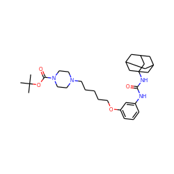 CC(C)(C)OC(=O)N1CCN(CCCCCOc2cccc(NC(=O)NC34CC5CC(CC(C5)C3)C4)c2)CC1 ZINC000066259542