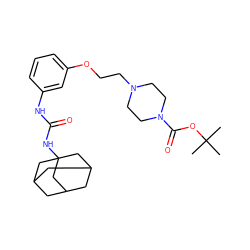 CC(C)(C)OC(=O)N1CCN(CCOc2cccc(NC(=O)NC34CC5CC(CC(C5)C3)C4)c2)CC1 ZINC000066259541
