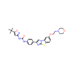 CC(C)(C)c1cc(NC(=O)Nc2ccc(-c3cn4c(n3)sc3ccc(OCCN5CCOCC5)cc34)cc2)no1 ZINC000049679971