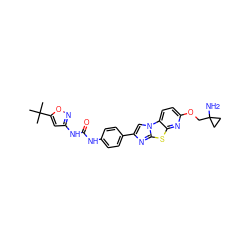 CC(C)(C)c1cc(NC(=O)Nc2ccc(-c3cn4c(n3)sc3nc(OCC5(N)CC5)ccc34)cc2)no1 ZINC000148932679