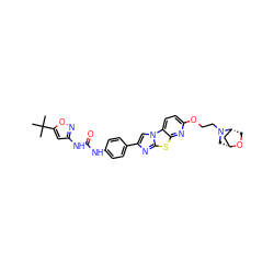CC(C)(C)c1cc(NC(=O)Nc2ccc(-c3cn4c(n3)sc3nc(OCCN5C[C@@H]6C[C@H]5CO6)ccc34)cc2)no1 ZINC000148941816