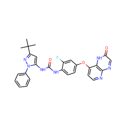 CC(C)(C)c1cc(NC(=O)Nc2ccc(Oc3ccnc4ncc(=O)[nH]c34)cc2F)n(-c2ccccc2)n1 ZINC000058538470