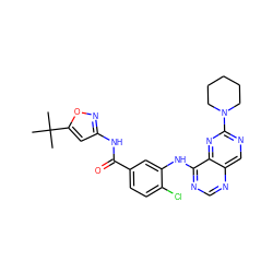 CC(C)(C)c1cc(NC(=O)c2ccc(Cl)c(Nc3ncnc4cnc(N5CCCCC5)nc34)c2)no1 ZINC000148086337