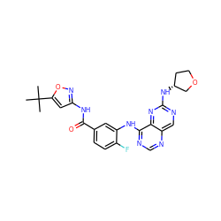 CC(C)(C)c1cc(NC(=O)c2ccc(F)c(Nc3ncnc4cnc(N[C@@H]5CCOC5)nc34)c2)no1 ZINC000148270220
