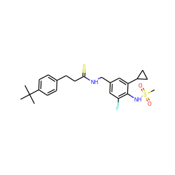 CC(C)(C)c1ccc(CCC(=S)NCc2cc(F)c(NS(C)(=O)=O)c(C3CC3)c2)cc1 ZINC000036487488