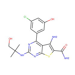 CC(C)(CO)Nc1nc(-c2cc(O)cc(Cl)c2)c2c(N)c(C(N)=O)sc2n1 ZINC000082157990